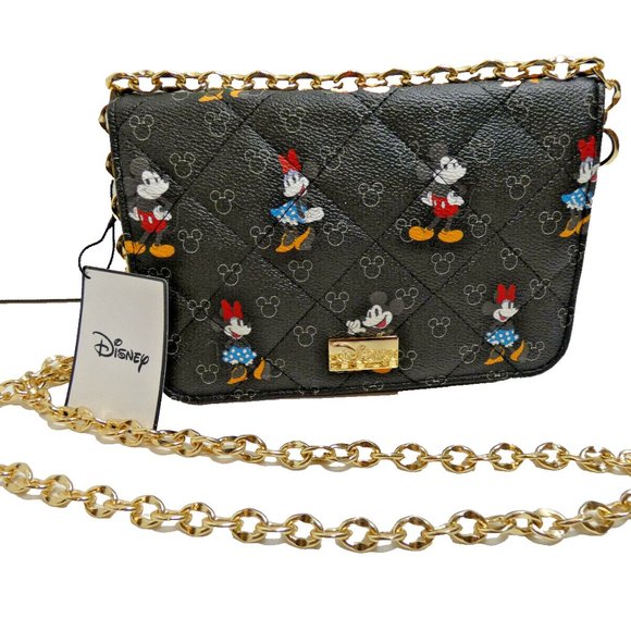 Disney Crossbody Bag Purse Mickey Minnie Mouse Black Embossed Gold Chain NWT - Picture 1 of 14
